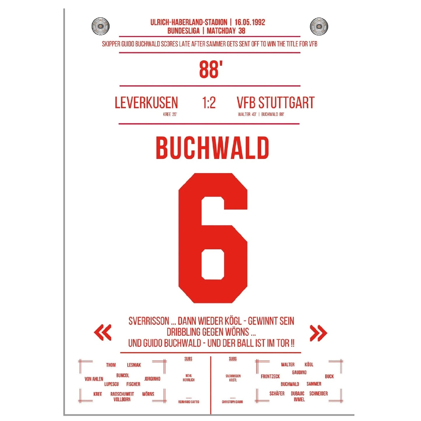 Buchwald's Tor zur Meisterschaft 1992 gegen Leverkusen