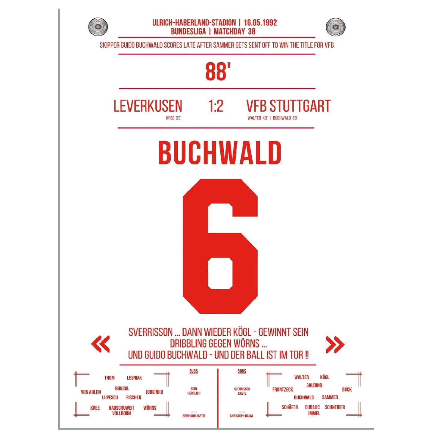 Buchwald's Tor zur Meisterschaft 1992 gegen Leverkusen