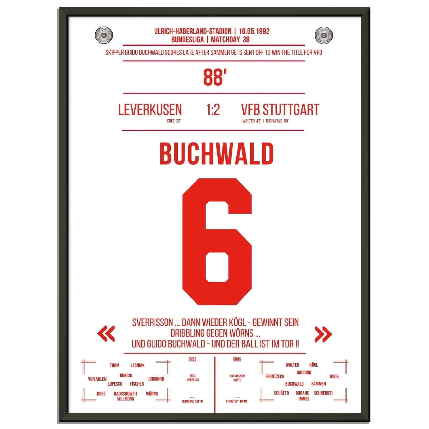 Buchwald's Tor zur Meisterschaft 1992 gegen Leverkusen