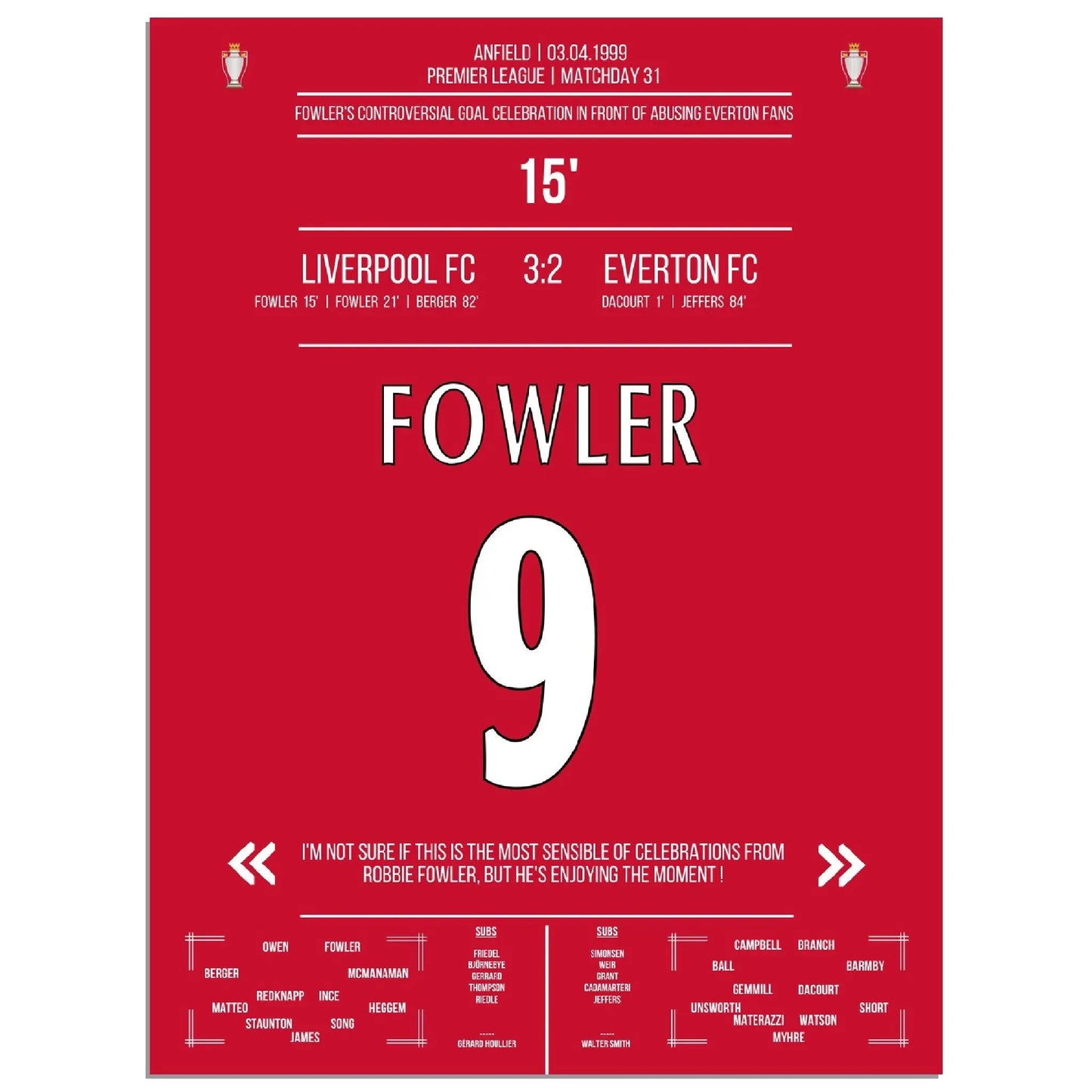 Fowlers außergewöhnlicher Torjubel Liverpool - Everton 1999 Premier League Merseyside Derby
