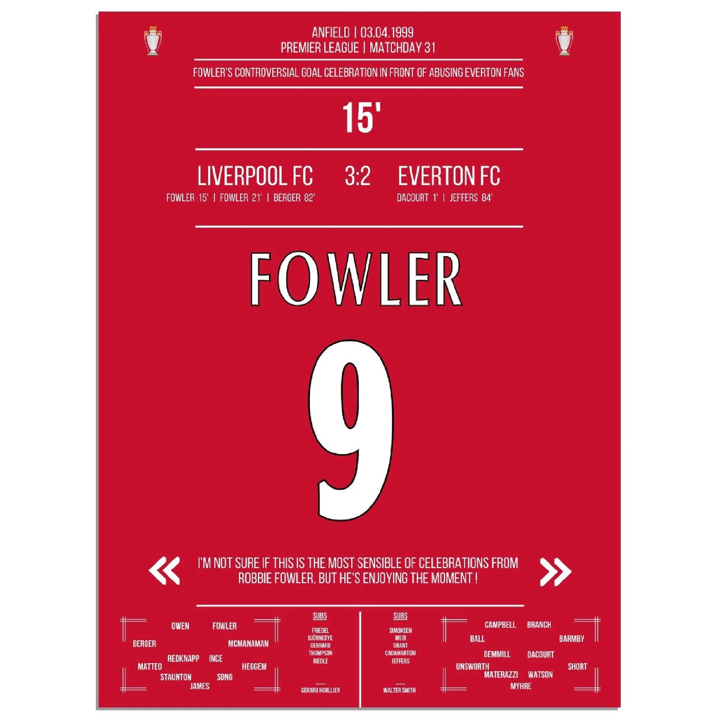 Fowlers außergewöhnlicher Torjubel Liverpool - Everton 1999 Premier League Merseyside Derby