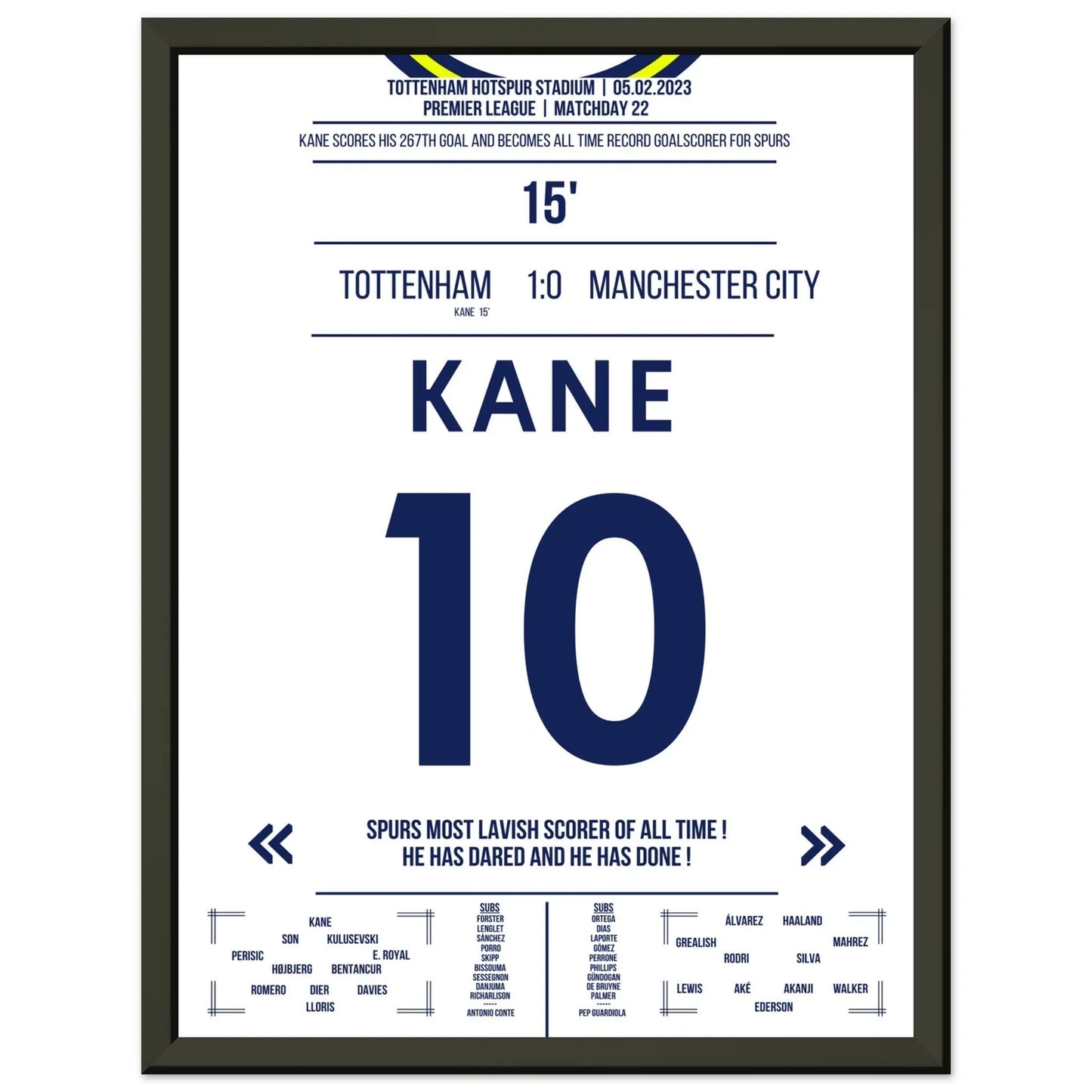 Harry Kane bricht den Tor-Rekord der Spurs 30x40-cm-12x16-Schwarzer-Aluminiumrahmen