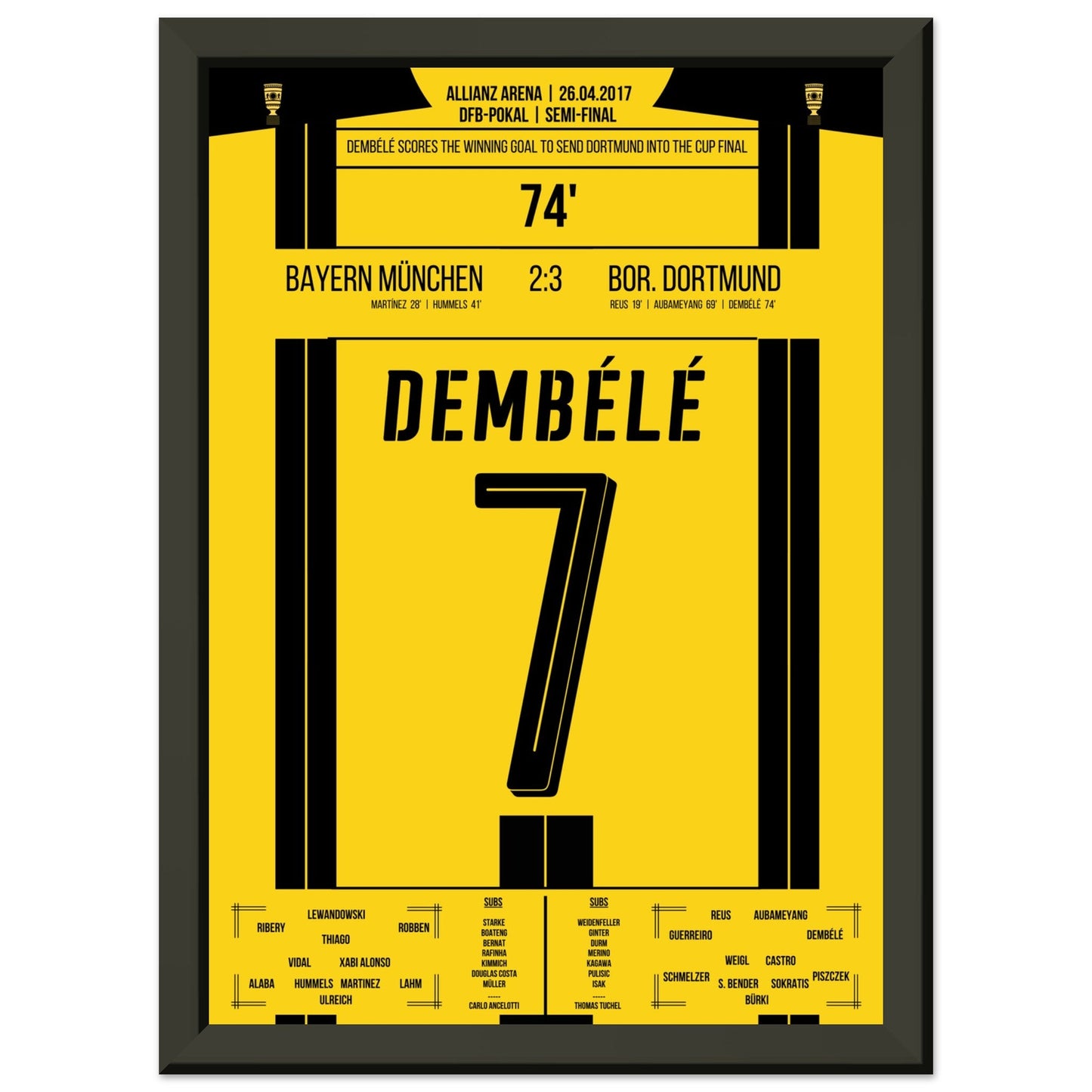 Dembélé's Siegtreffer gegen Bayern zum Finaleinzug 2017 A4-21x29.7-cm-8x12-Schwarzer-Aluminiumrahmen