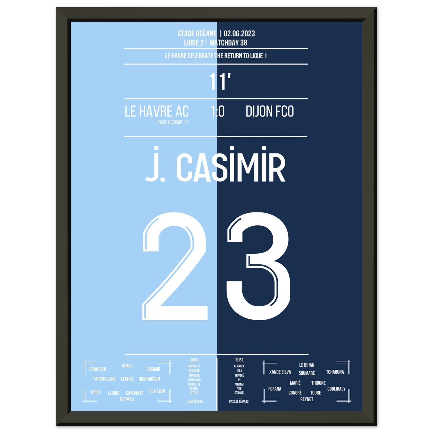 Le Havre schafft die Rückkehr in die Ligue 1 in 2023 30x40-cm-12x16-Schwarzer-Aluminiumrahmen