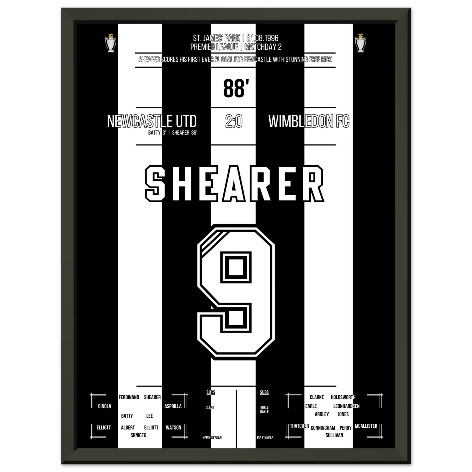 Shearer's erstes PL-Tor vor Newcastle 30x40-cm-12x16-Schwarzer-Aluminiumrahmen