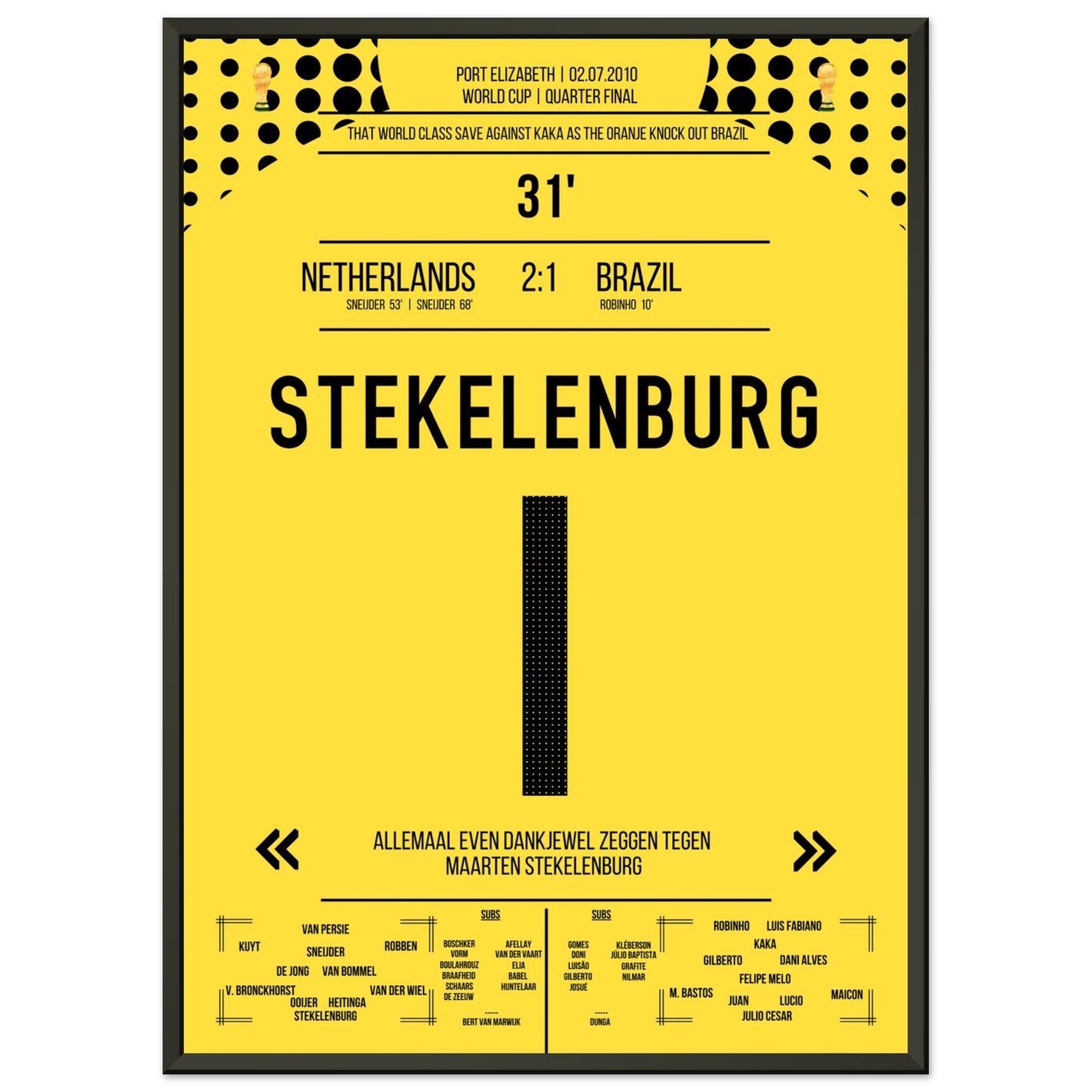 Stekelenburg's Weltklasse Aktion gegen Kaka bei der WM 2010 Kommentar-Version 50x70-cm-20x28-Schwarzer-Aluminiumrahmen