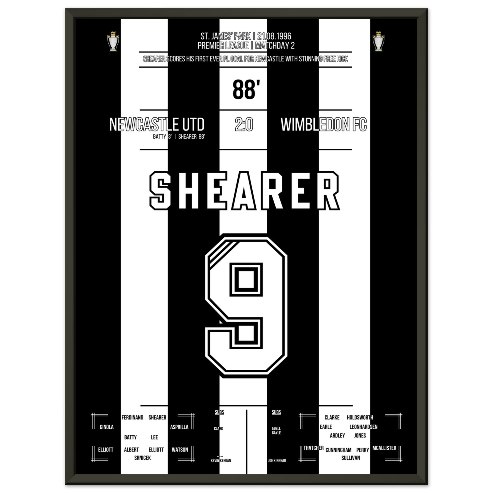 Shearer's erstes PL-Tor vor Newcastle 45x60-cm-18x24-Schwarzer-Aluminiumrahmen
