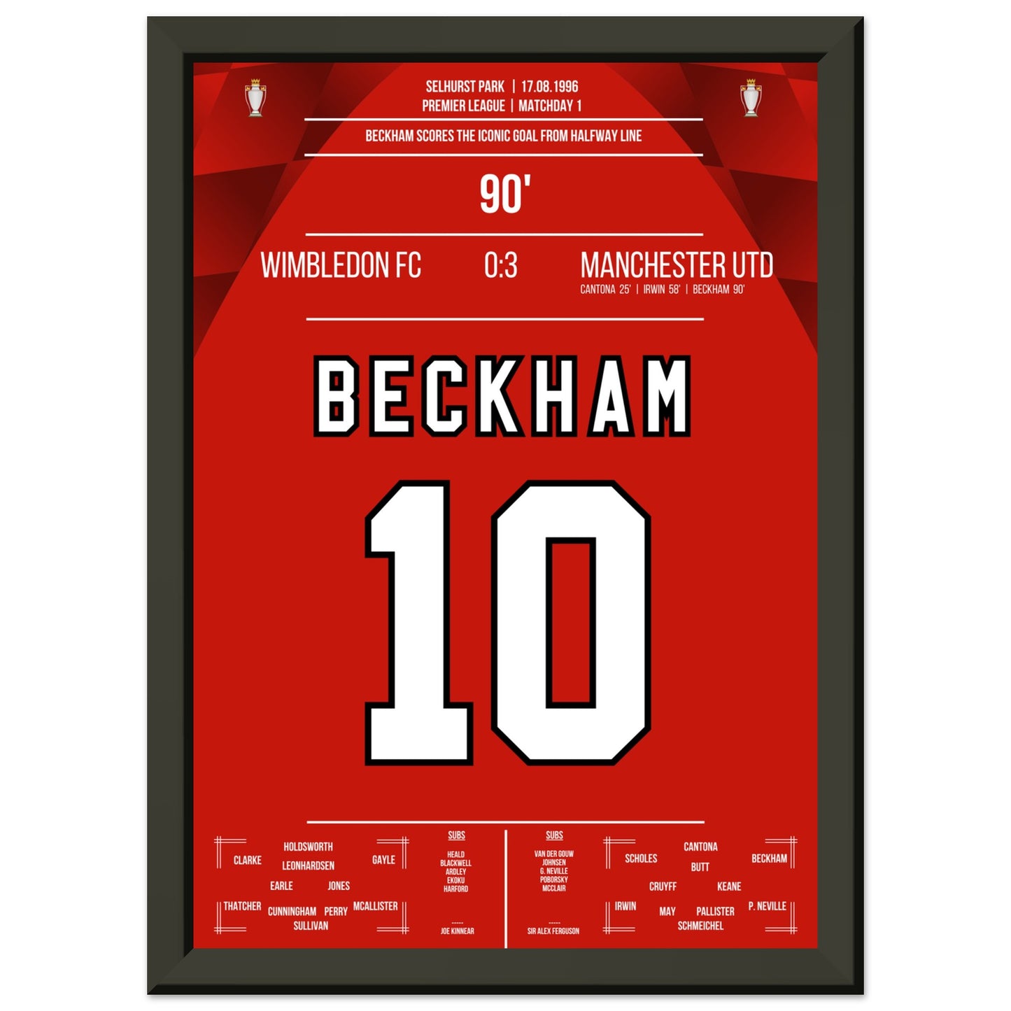 Beckham's Tor von der Mittellinie beim Auswärtsspiel gegen Wimbledon 1996 A4-21x29.7-cm-8x12-Schwarzer-Aluminiumrahmen