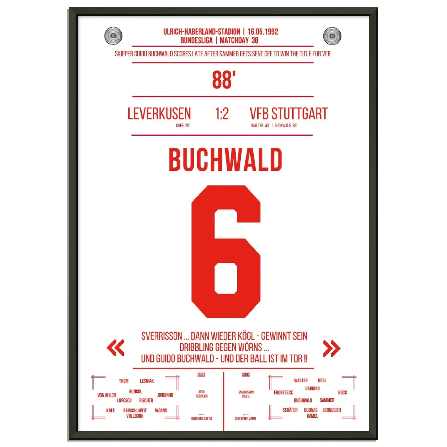 Buchwald's Tor zur Meisterschaft 1992 gegen Leverkusen 
