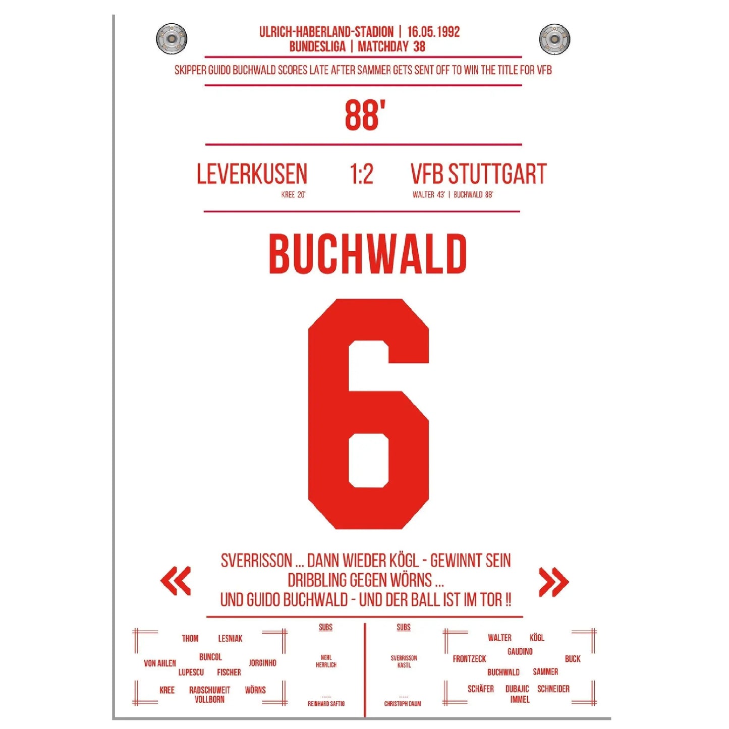 Buchwald's Tor zur Meisterschaft 1992 gegen Leverkusen 