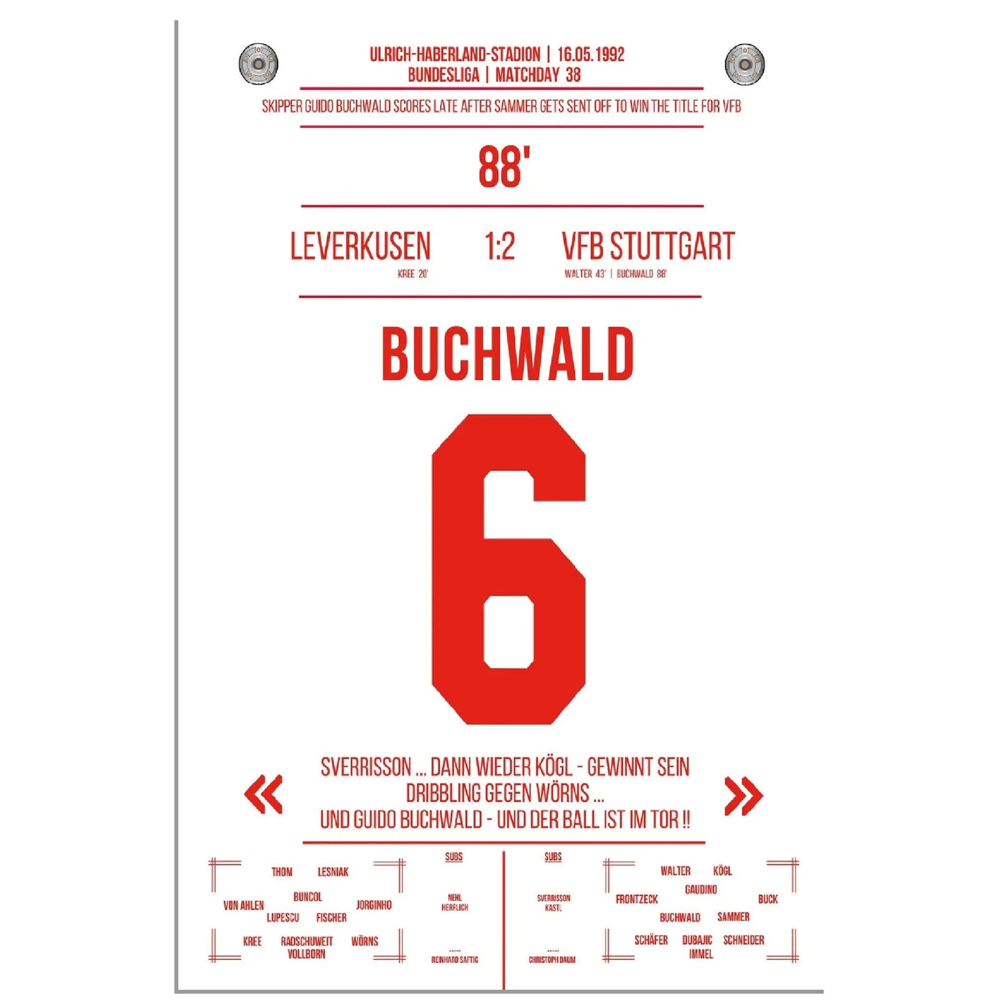 Buchwald's Tor zur Meisterschaft 1992 gegen Leverkusen 