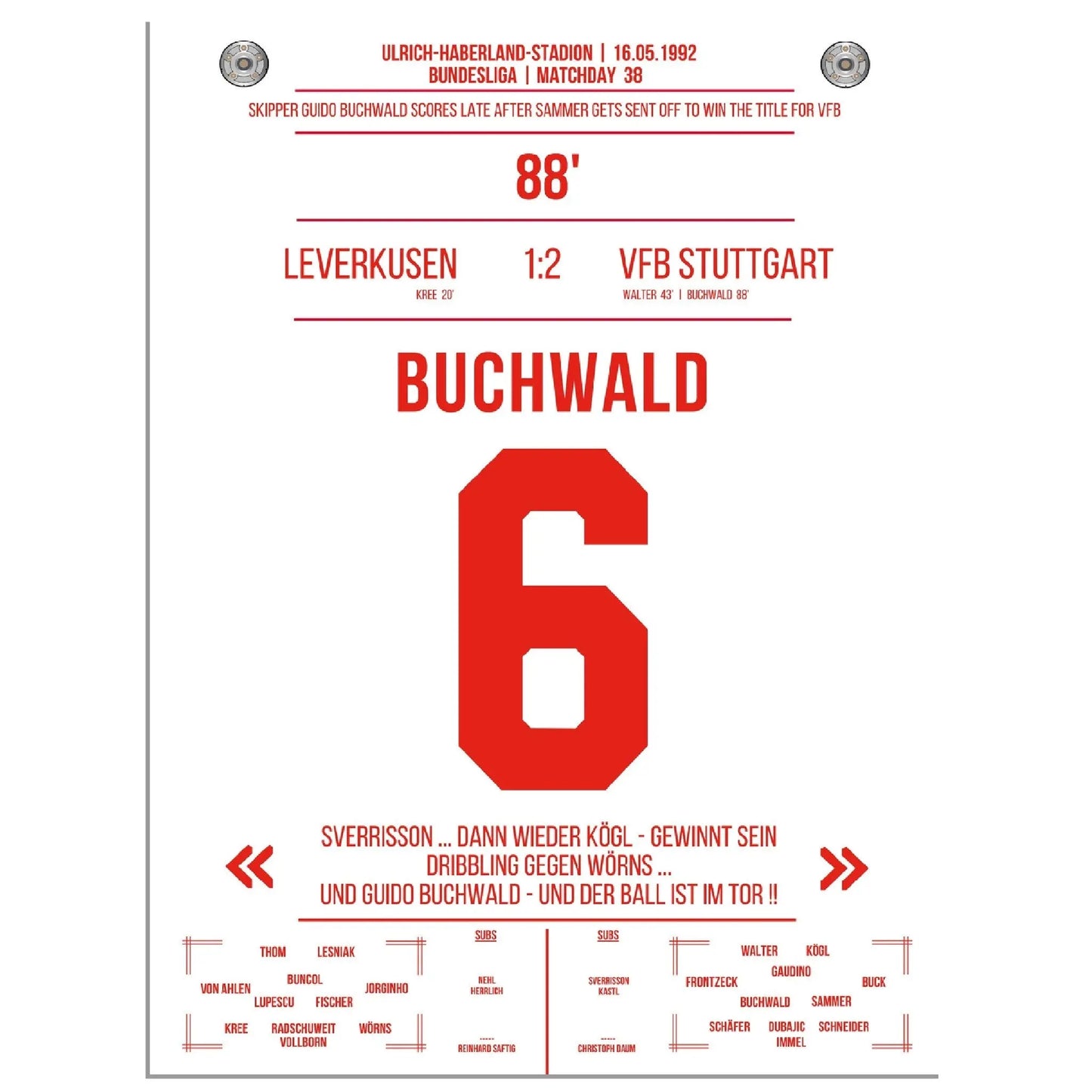 Buchwald's Tor zur Meisterschaft 1992 gegen Leverkusen 