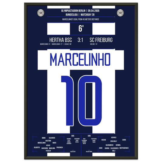 Marcelinho's Traumtor aus 45 Metern gegen Freiburg 50x70-cm-20x28-Schwarzer-Aluminiumrahmen